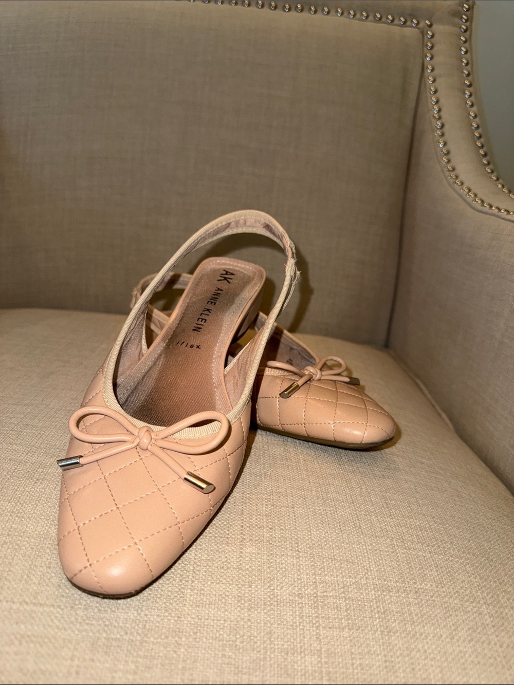 Anne Klein Blush Quilted Slingback Flats with Bow